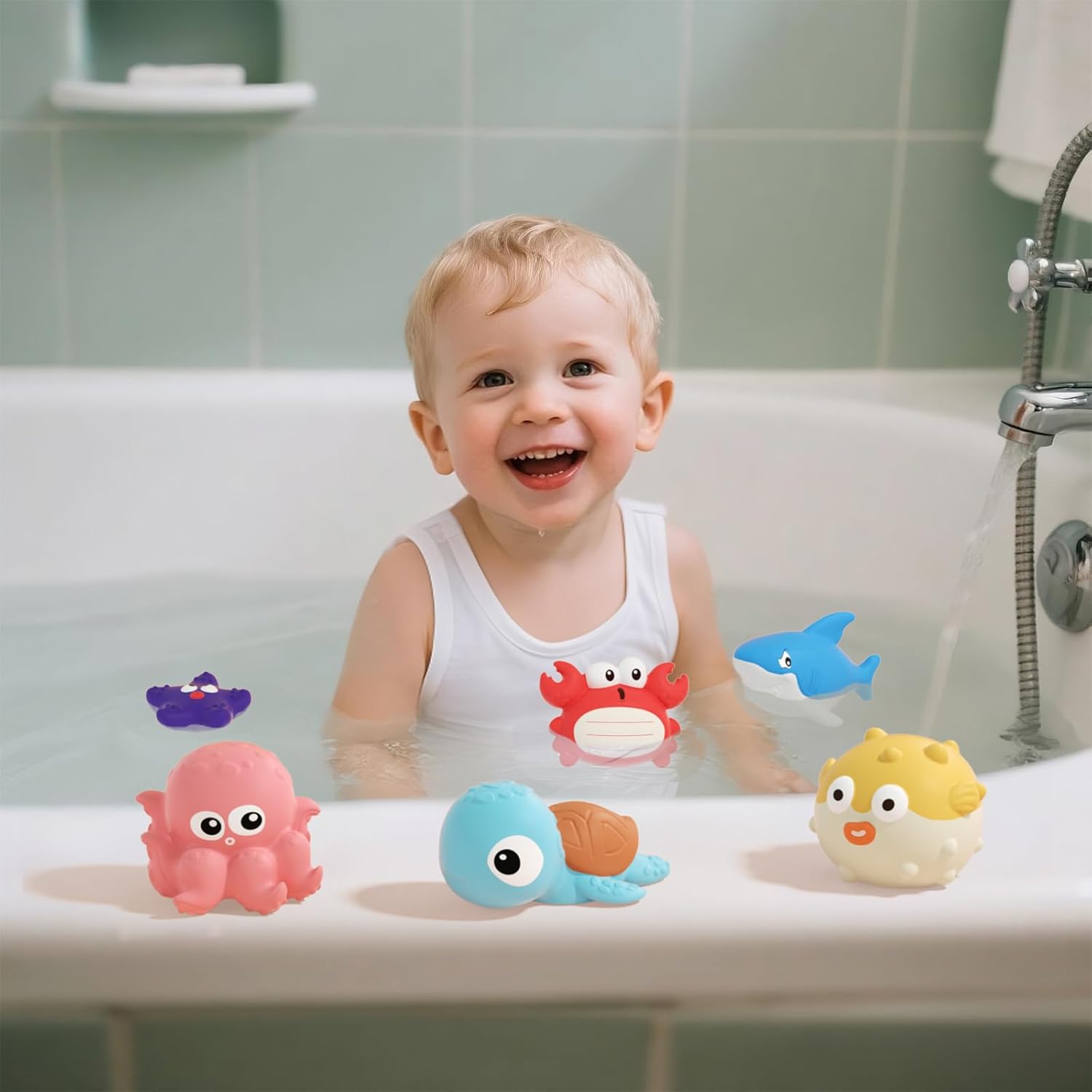 Bath Toys for Toddlers 6-12-18 Month, Bathtub Toys with 6 Baby Bath Animals, No-Hole Design Keeps Dry, Floating Toys