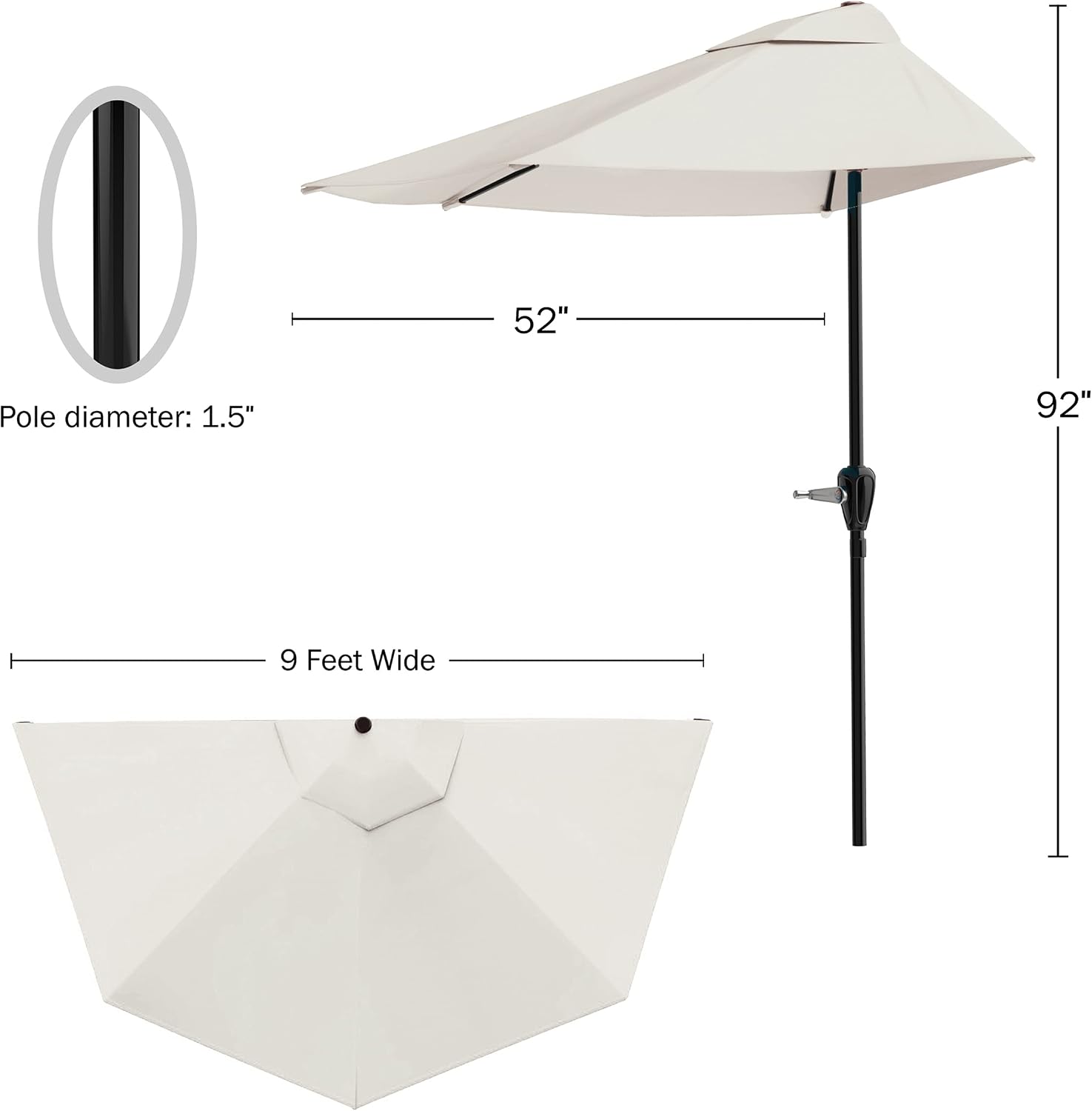 Half Umbrella Outdoor Patio Shade - 9 ft Patio Umbrella with Easy Crank - Small Canopy for Balcony, Table, or Deck by