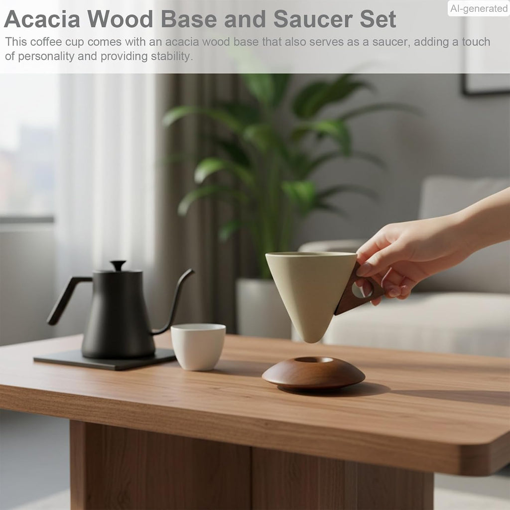 Cone Ceramic Coffee Mug with Acacia Wood Base - Conical Espresso Cup Set, Solid Wooden Triangle Handle and Coaster