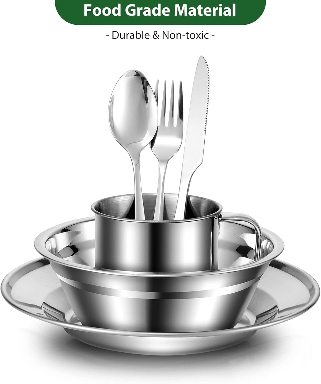 29pcs Stainless Steel Utensils Camping Mess Kits for 4 Person | with Bowls Plates Cups Forks Spoons and Knives