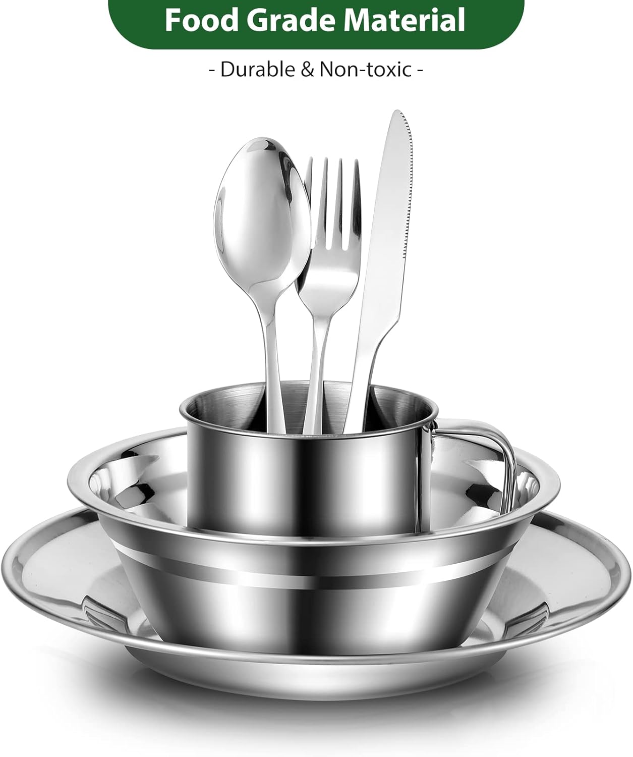 29pcs Stainless Steel Utensils Camping Mess Kits for 4 Person | with Bowls Plates Cups Forks Spoons and Knives