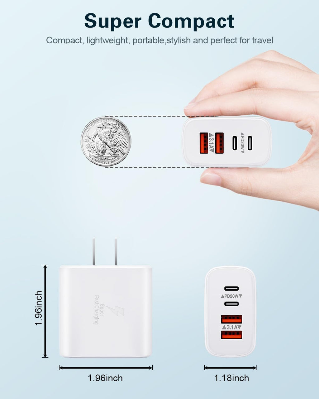 USB C Charger Block, 2-Pack 40W 4-Port USB C Wall Charger Fast Charging Dual Port PD Power Adapter+QC Double Wall