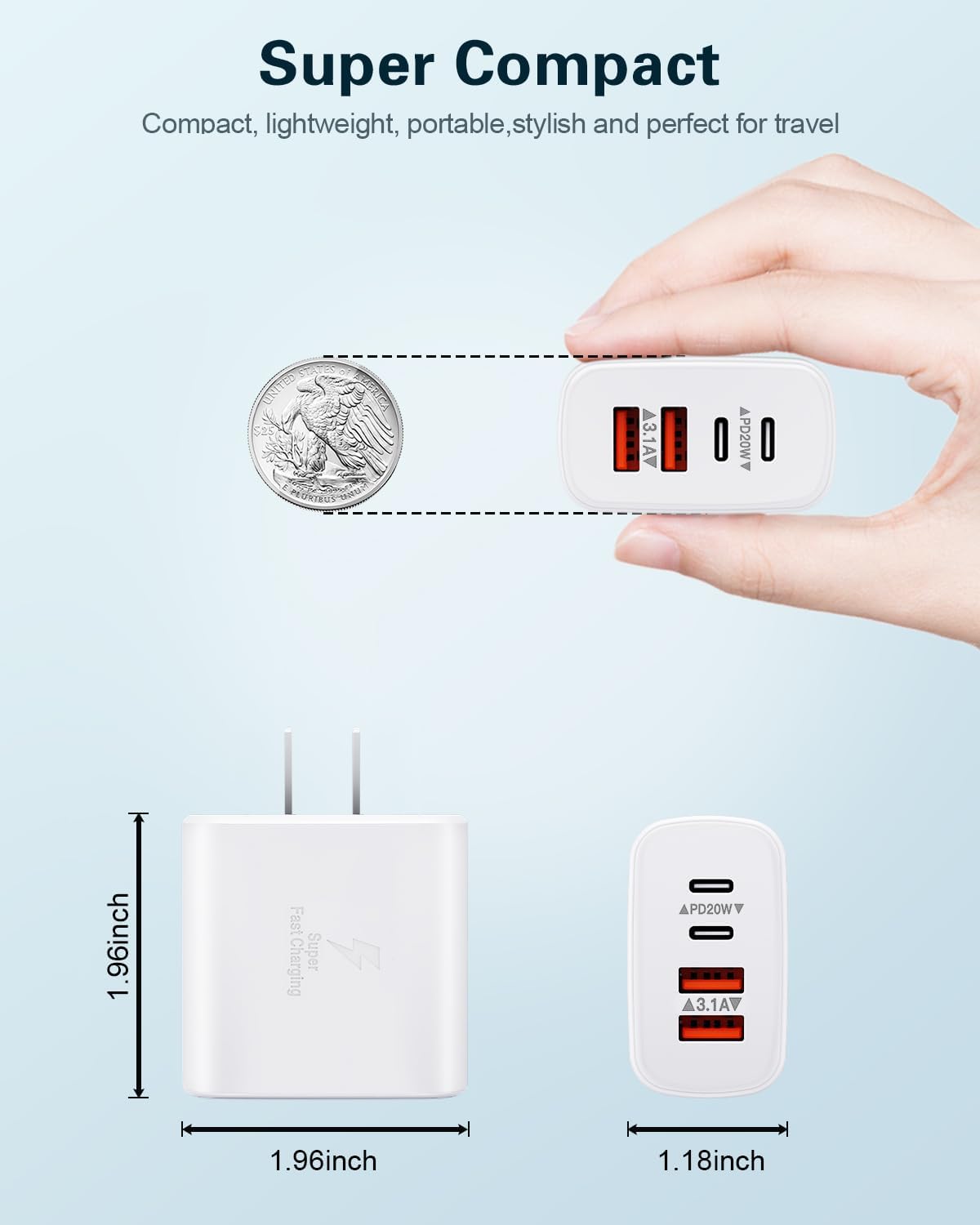 USB C Charger Block, 2-Pack 40W 4-Port USB C Wall Charger Fast Charging Dual Port PD Power Adapter+QC Double Wall