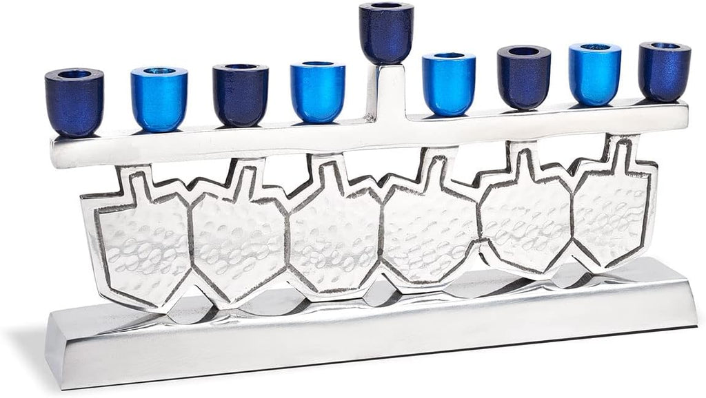 Dancing Dreidels Menorah with Multi-Blue Anodized Candle Cups - Fits Standard Hanukkah Candles - Exciting Driedels