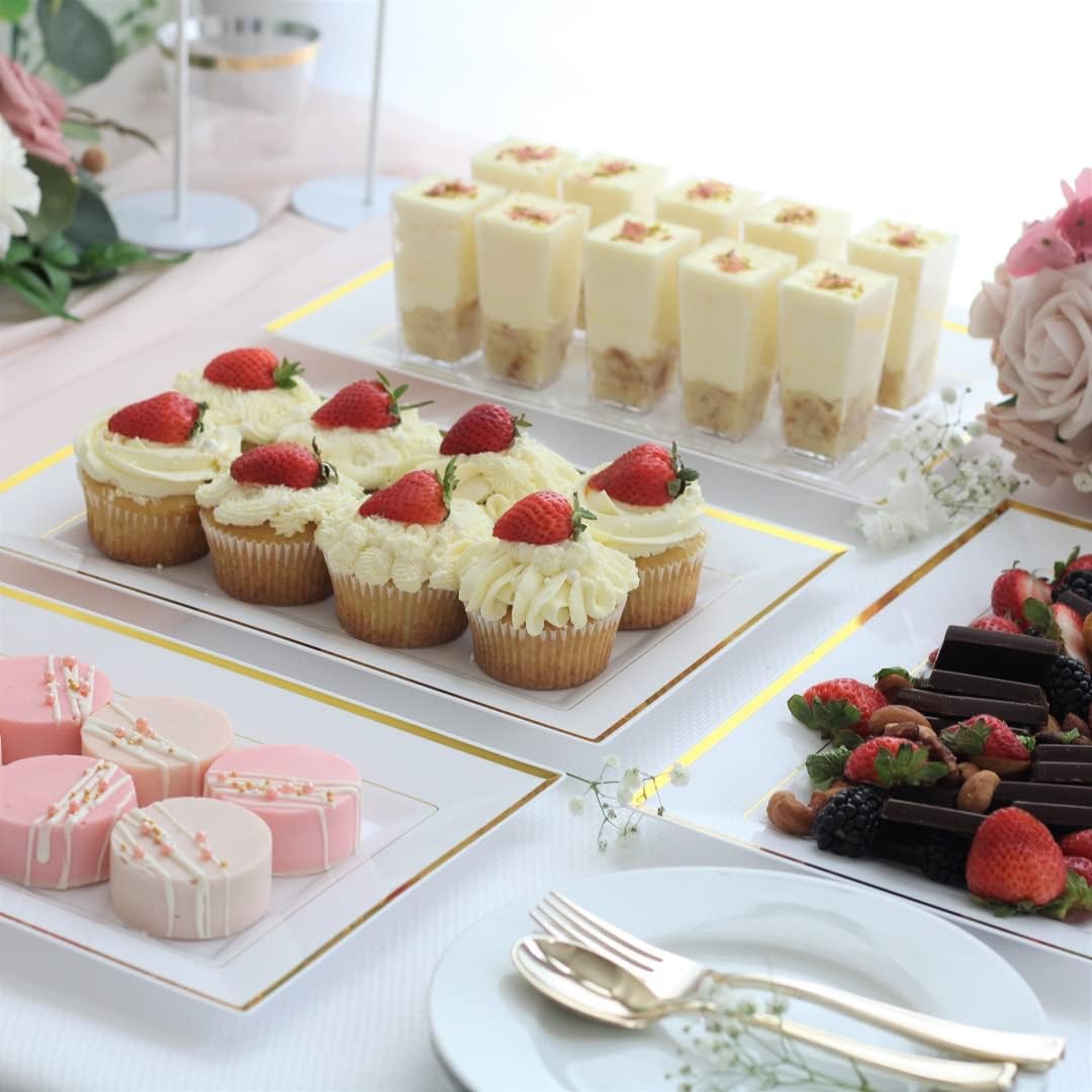 Elegant Plastic Serving Tray & Platter Set (6pk) - White & Gold Rim Disposable Serving Trays & Platters for Food