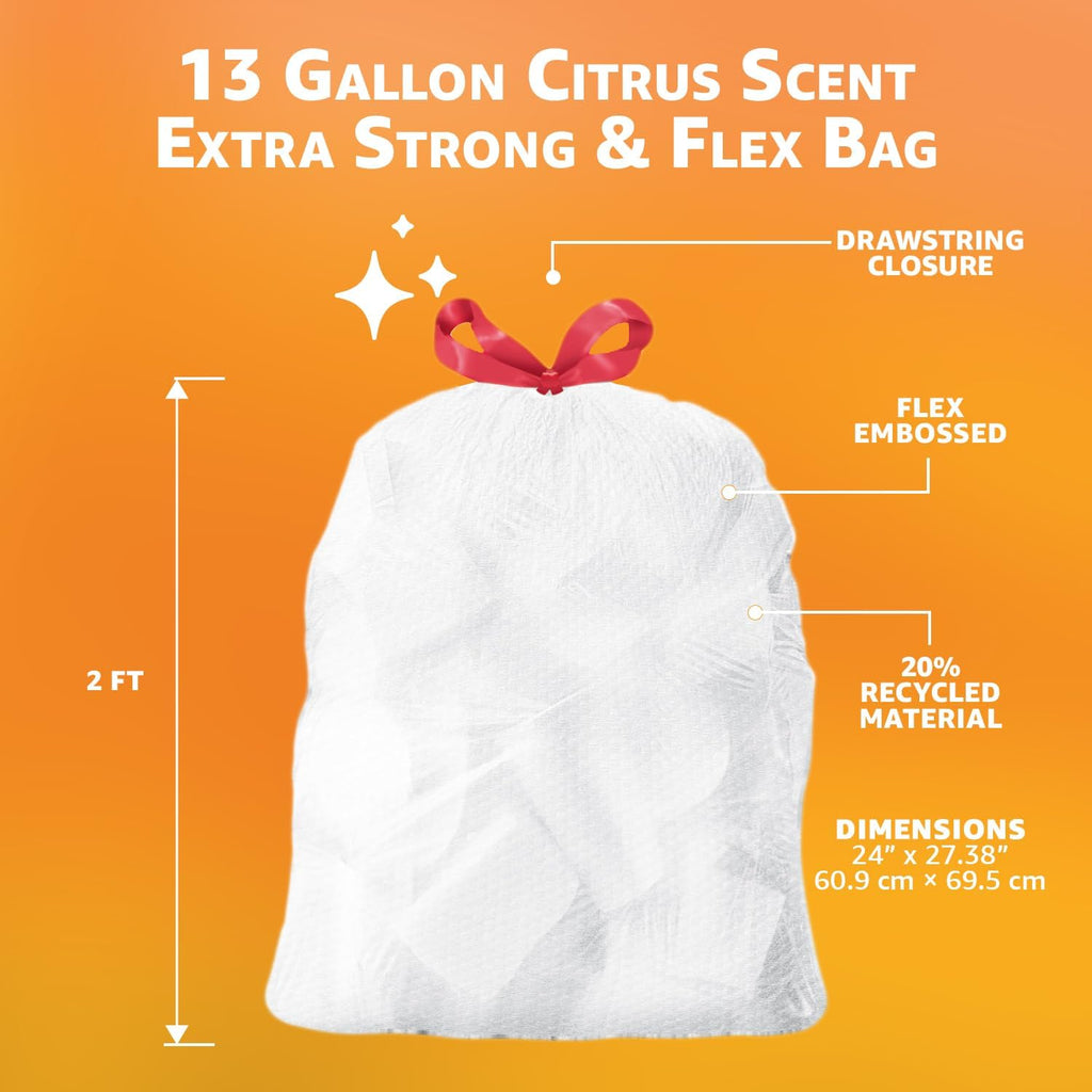 Extra Strong & Flex Tall Kitchen Drawstring Trash Bags, Citrus Scent, 13 Gallon, 40 Count