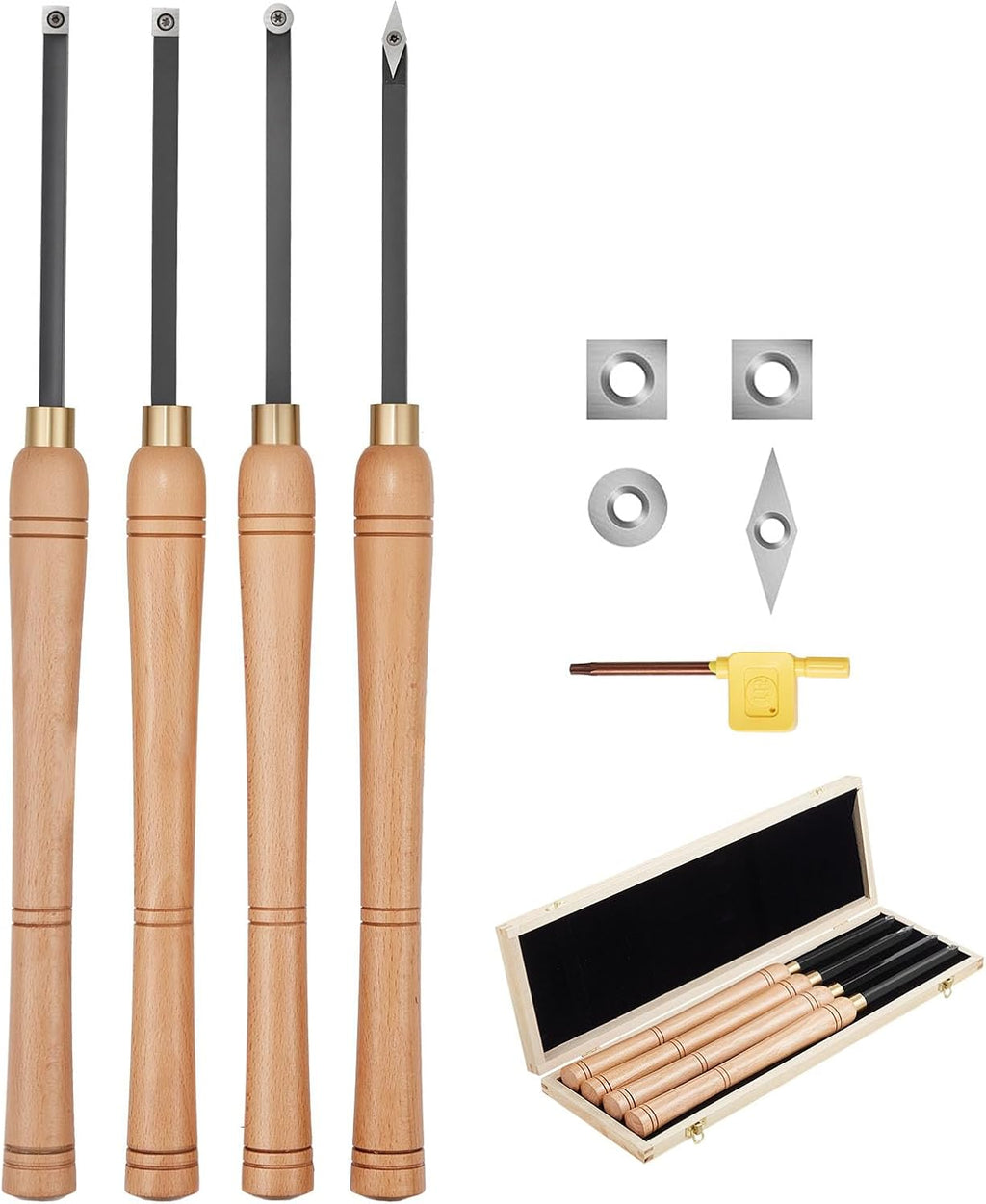 Wood Lathe Turning Tool Set, 4PCS Lathe Roughing Finishing and Detailing Hollow Tool with Wooden Handle Diamond Round