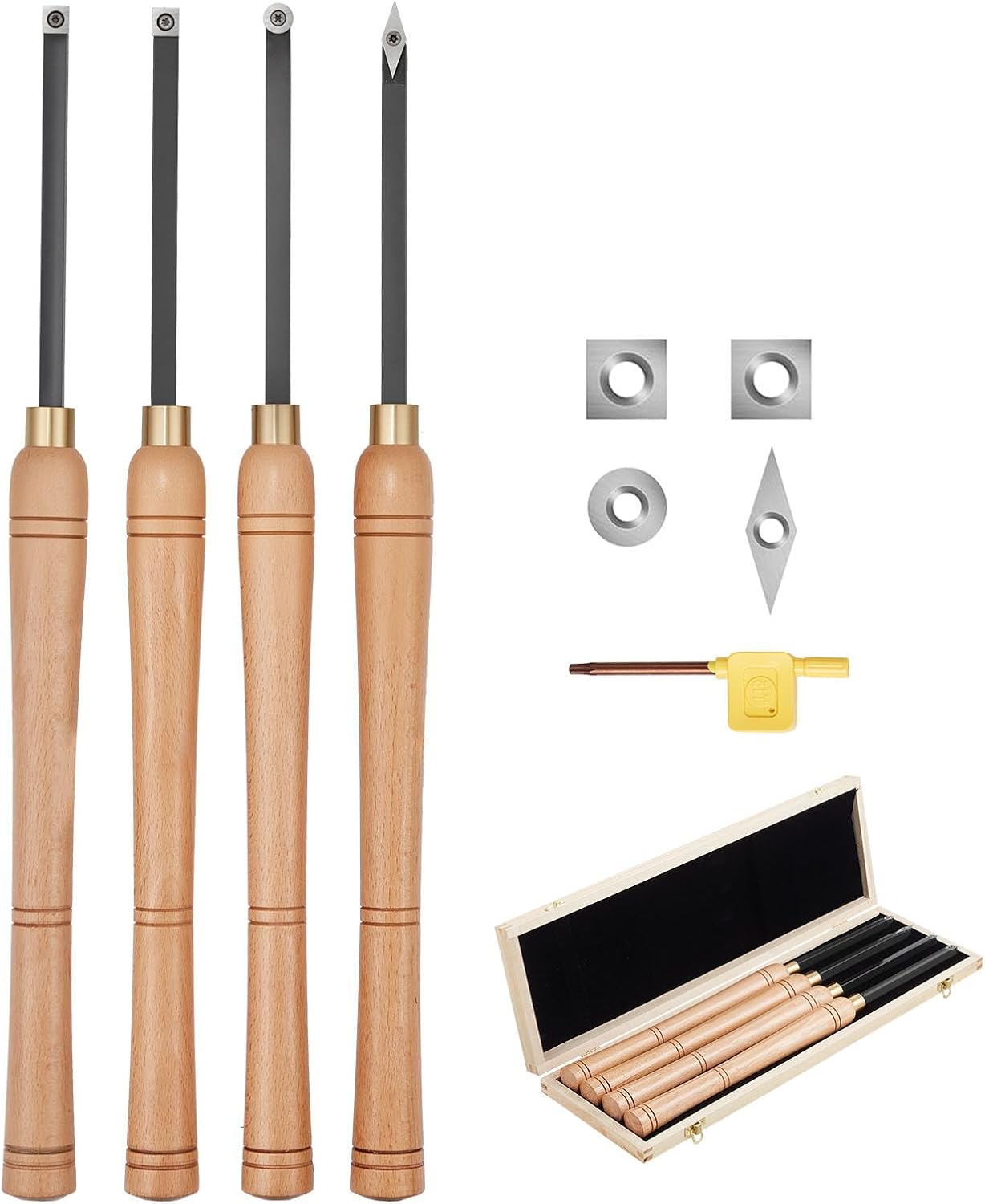 Wood Lathe Turning Tool Set, 4PCS Lathe Roughing Finishing and Detailing Hollow Tool with Wooden Handle Diamond Round