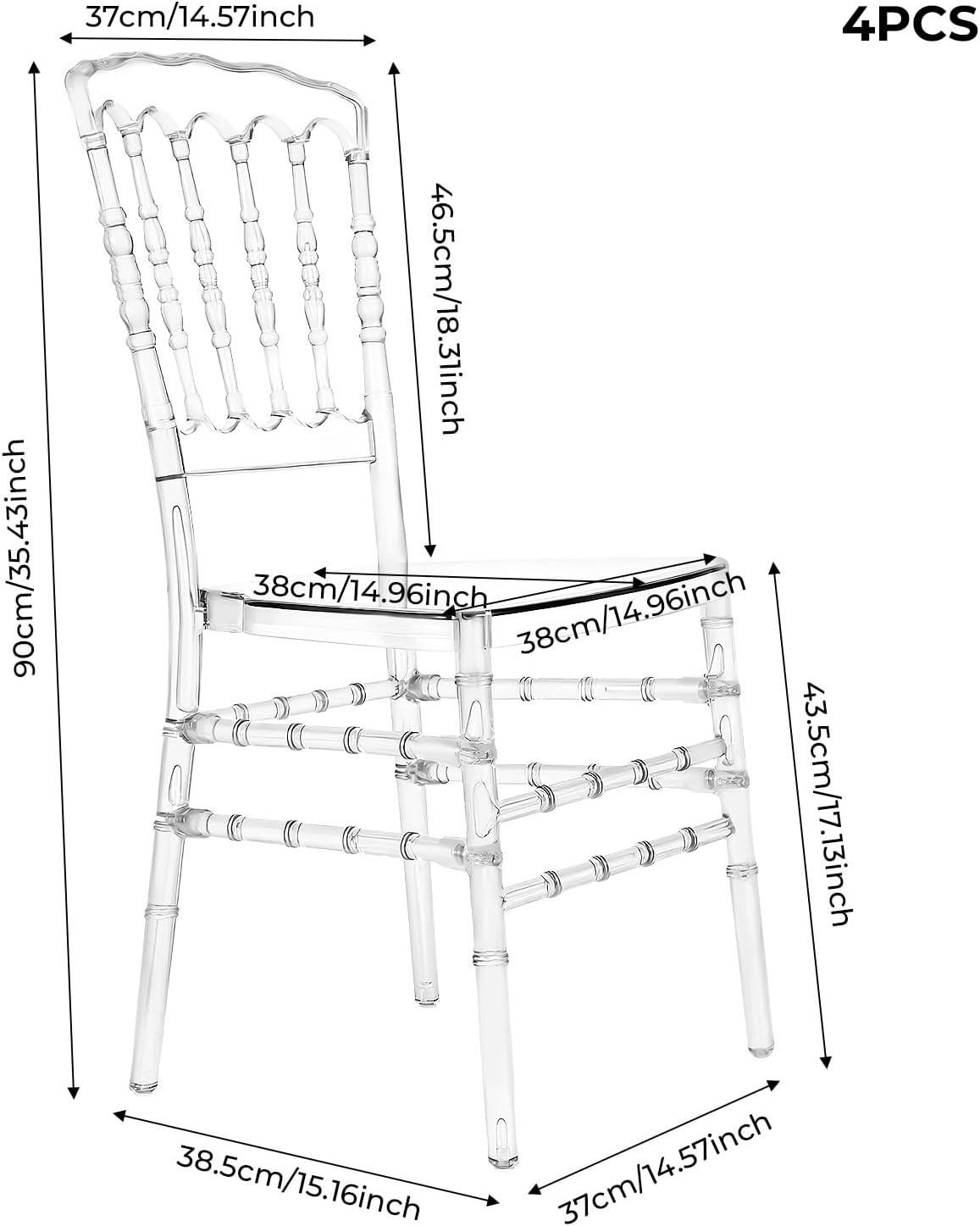 Set of 4 Clear Acrylic Chiavari Chairs, Modern Transparent Ghost Chairs, High-Back Stackable Crystal Dining Chairs