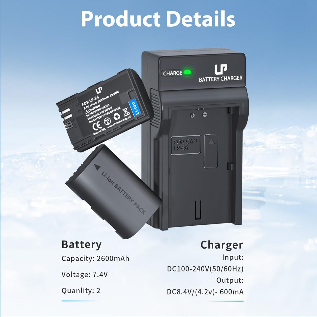 LP-E6 LP-E6N Battery and Charger Pack, 2-Pack 2600mAh Battery Compatible with Canon EOS 90D,80D,70D,60D,60DA,7D Mark