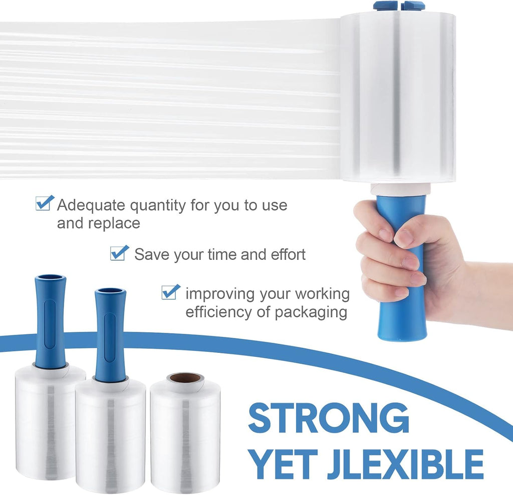 3 Pcs Mini Stretch Film Industrial Shrink Wrap Roll Plastic Film for Moving 2 Handles 5" x 1000 ft Pallet Wrap