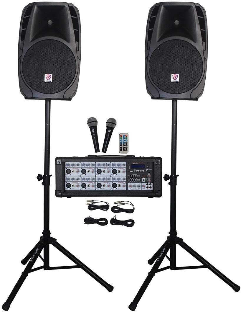 RPG2X12 Bundle: (2) 12-inch 1400W Passive DJ PA Speakers with Stands and Microphones, 8 Channel 1400W Powered Mixer
