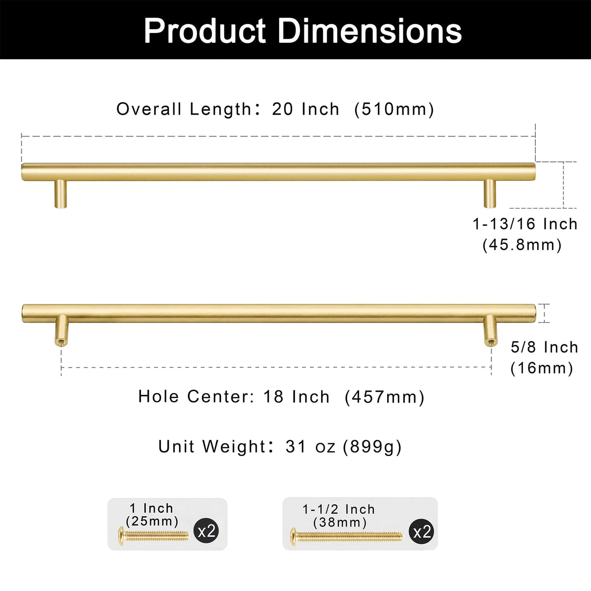 Solid Brass Appliance Pull, Brushed Gold Handle, 18" Hole Centers
