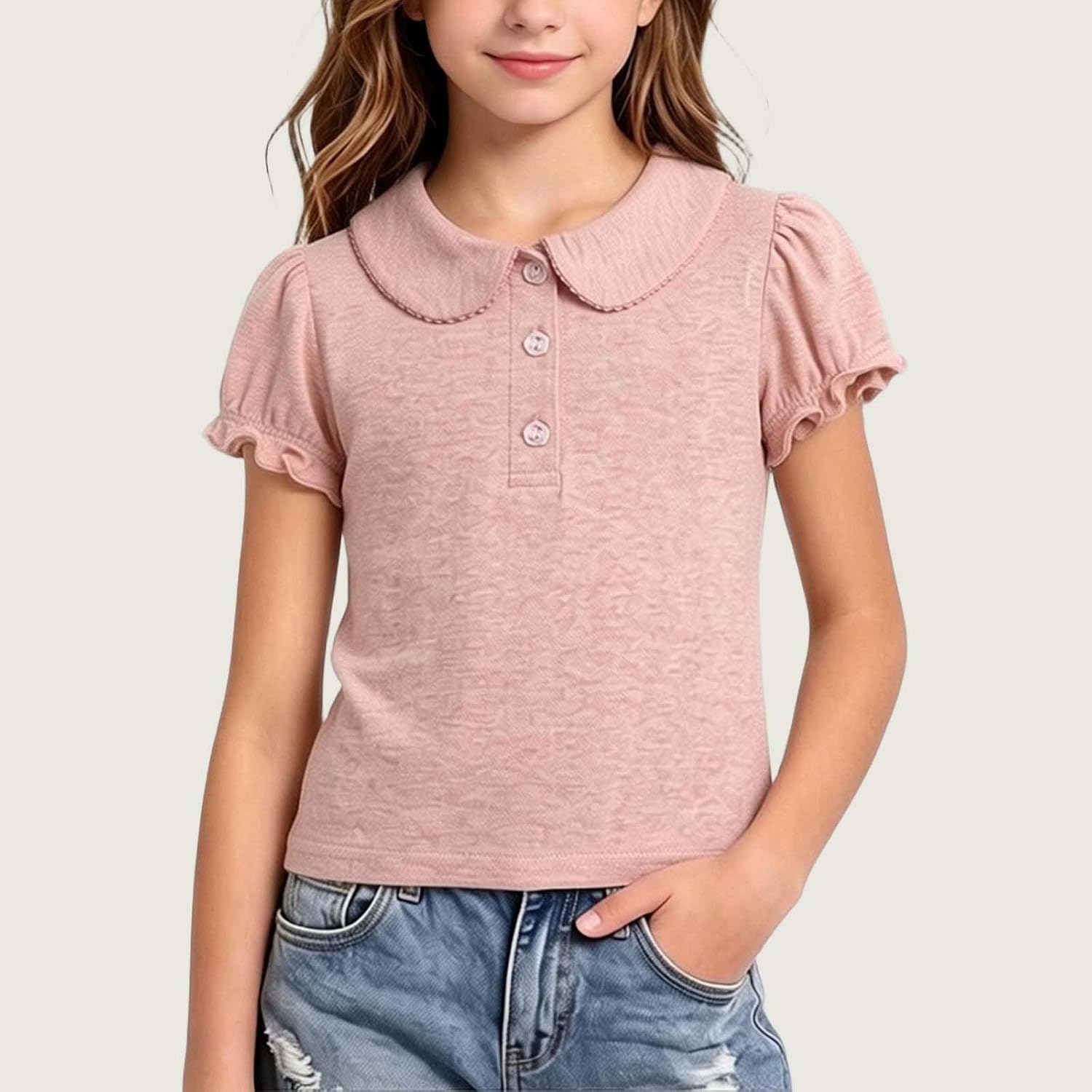 Girls Pure Cotton Polos Puff Sleeve Cute Peter Pan Collar Shirt | Back to School Clothes for Teen Girls Kids Short