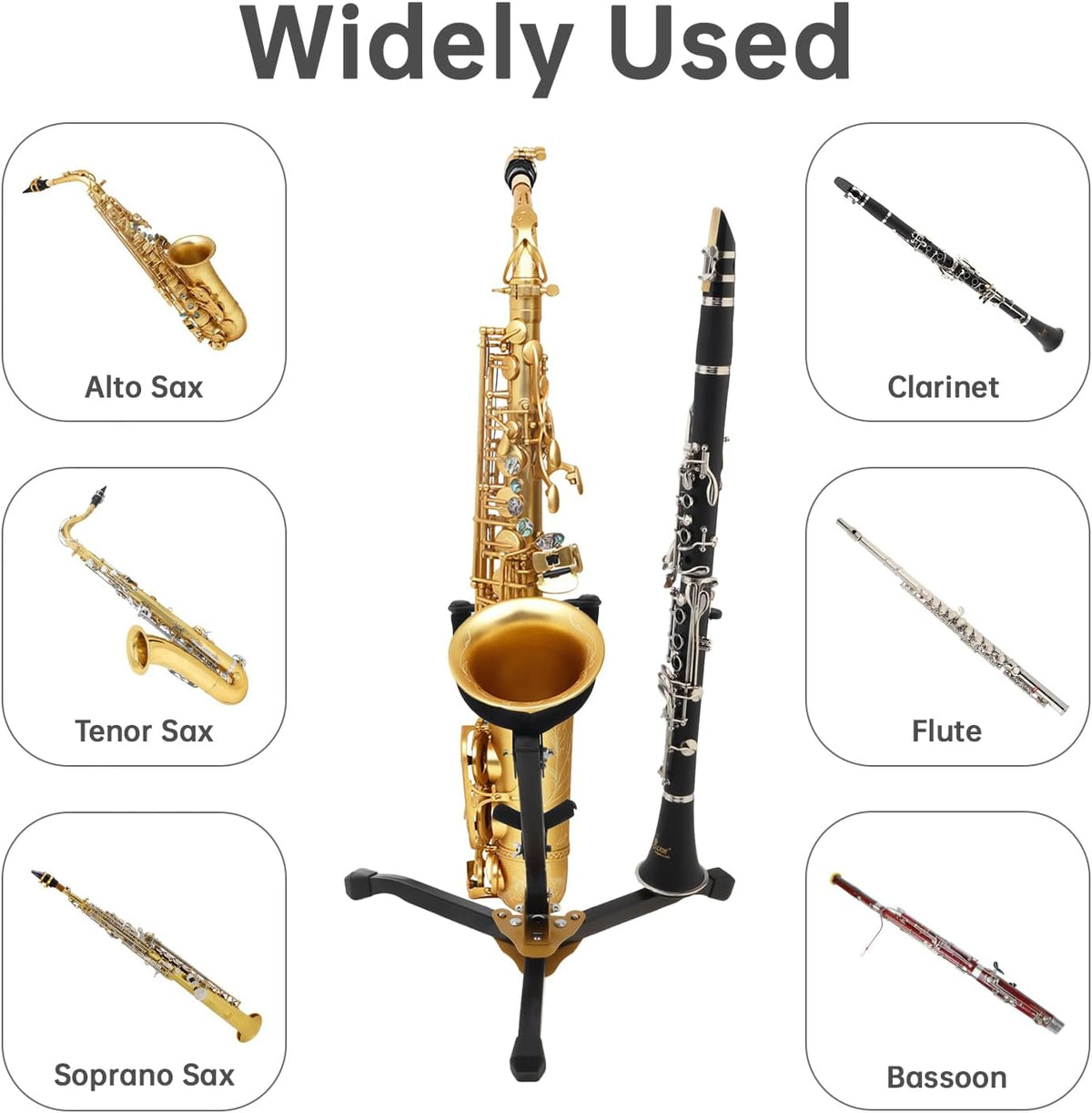 Alto/Tenor Sax Stand w Clarinet/Flute Peg, Foldable Stand w Sponge Pad | Rust-resistant metal base prevents tipping.