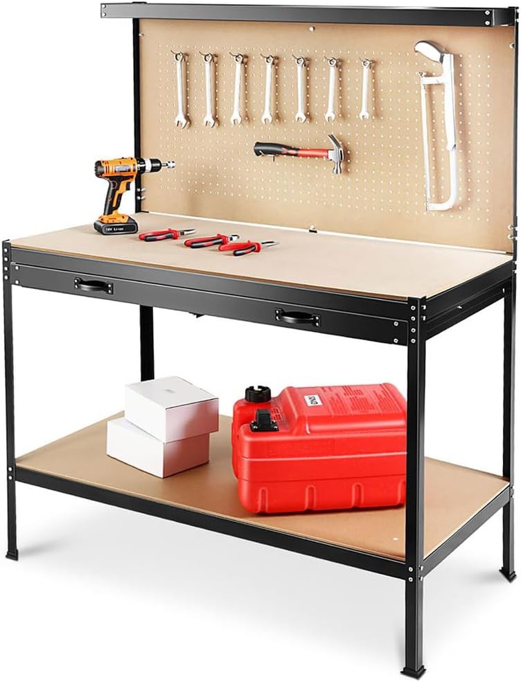 48" Heavy Duty Steel Workbench with Pegboard & Drawer, Garage Tool Storage Work Table with MDF Worktop, 300 LBS Load