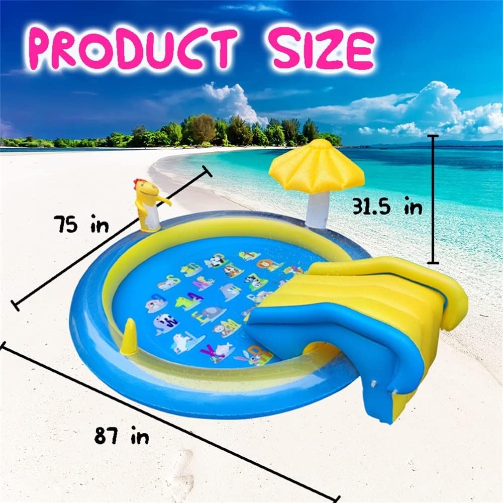 Dinosaur Inflatable Play Center, Kids Round Wading Swimming Pool with Slide, Dinosaur Sprinkle, Mushroom Shade for
