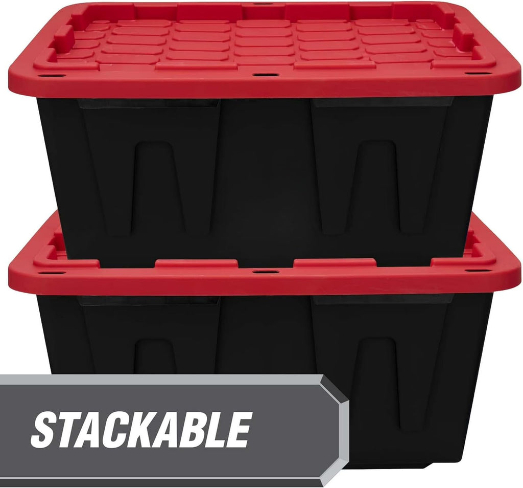 27 Gallon Heavy Duty Plastic Storage Bin with Snap Lid, Lockable, Stackable, Black and Red, 30.6 x 20.6 x 14.3 Inch