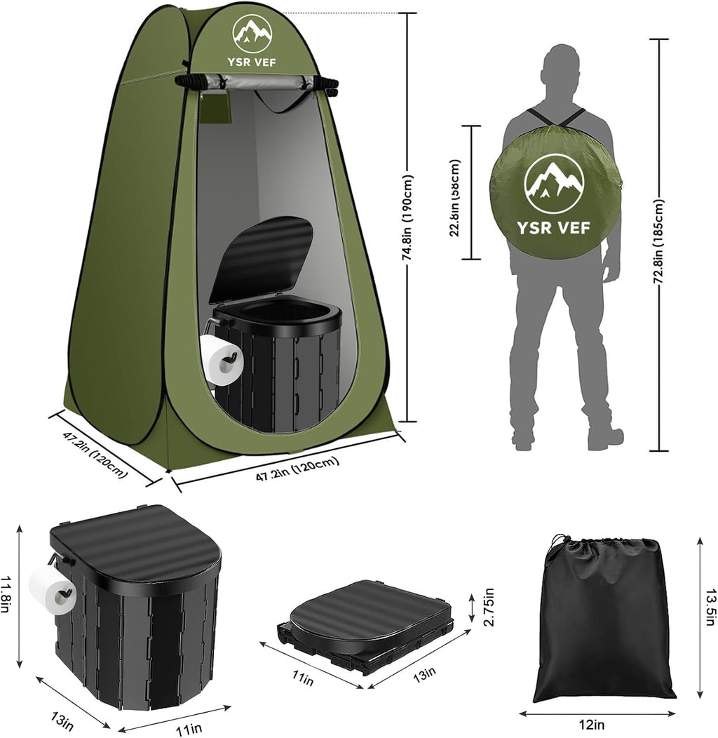 Portable Toilet Kit, Camping Toilet with Pop-Up Privacy Tent and Poo Gel Toilet Bags, Washable Portable Outdoor