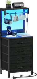 Tall Nightstand with Charging Station, Bed Side Table & End Table | 4 Fabric Drawers and Storage Wood Shelves, Dorm
