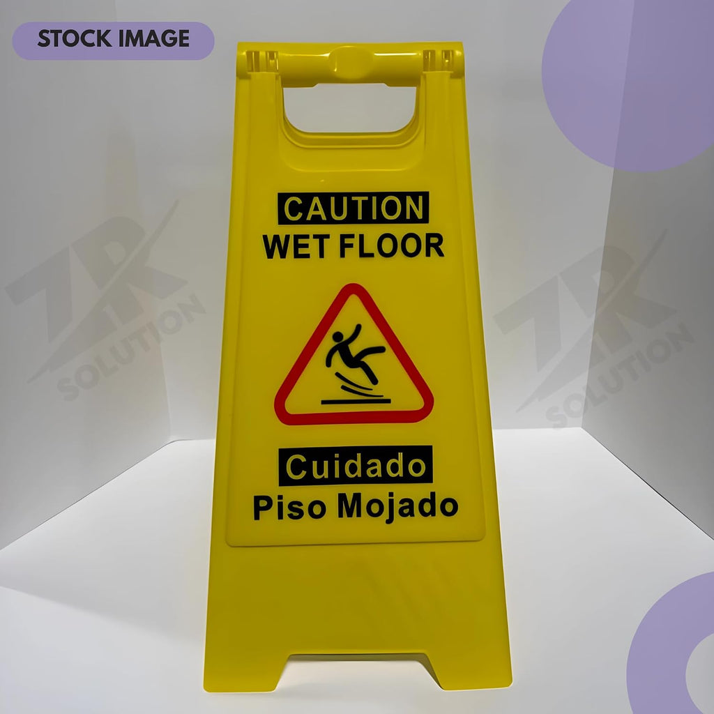 24 Inches Caution Wet Floor Sign Bright Yellow Double Sided Bilingual Caution Message Folding A-Shaped Frame Design