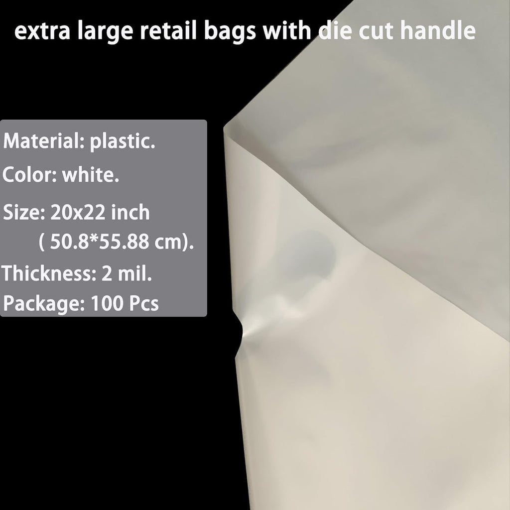 100 Pack 20" x 22"x 2 Mil Thick Extra Large White Merchandise Bags with Die Cut Handles