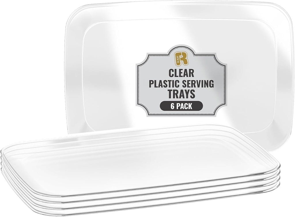 6 Pack Clear Plastic Serving Trays For Party, 12.75 x 8.25 In - Heavy Duty Plastic Trays For Food - Rectangular Platters