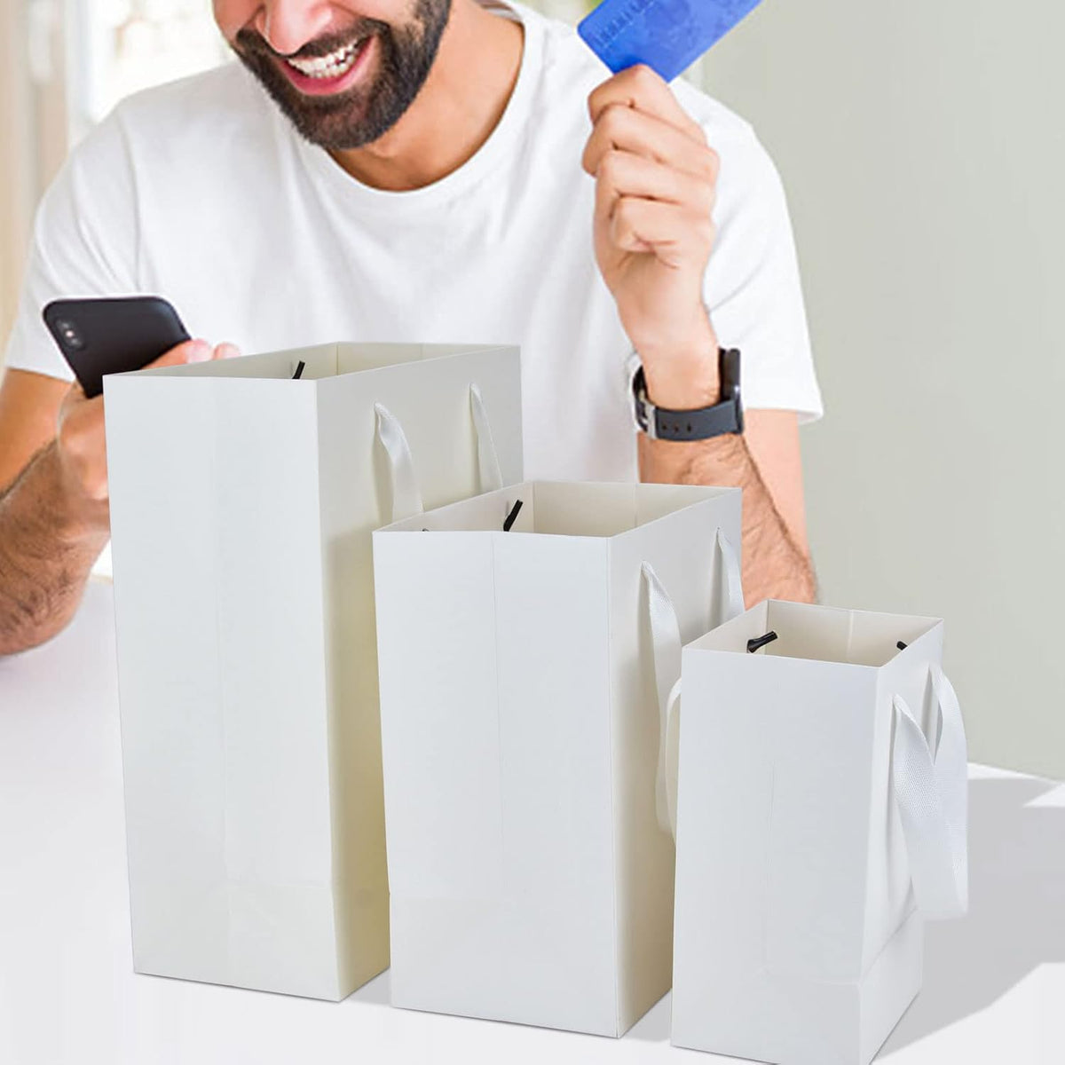 White Assorted Gift Bags with Handles, 10 Sets for 3 Sizes