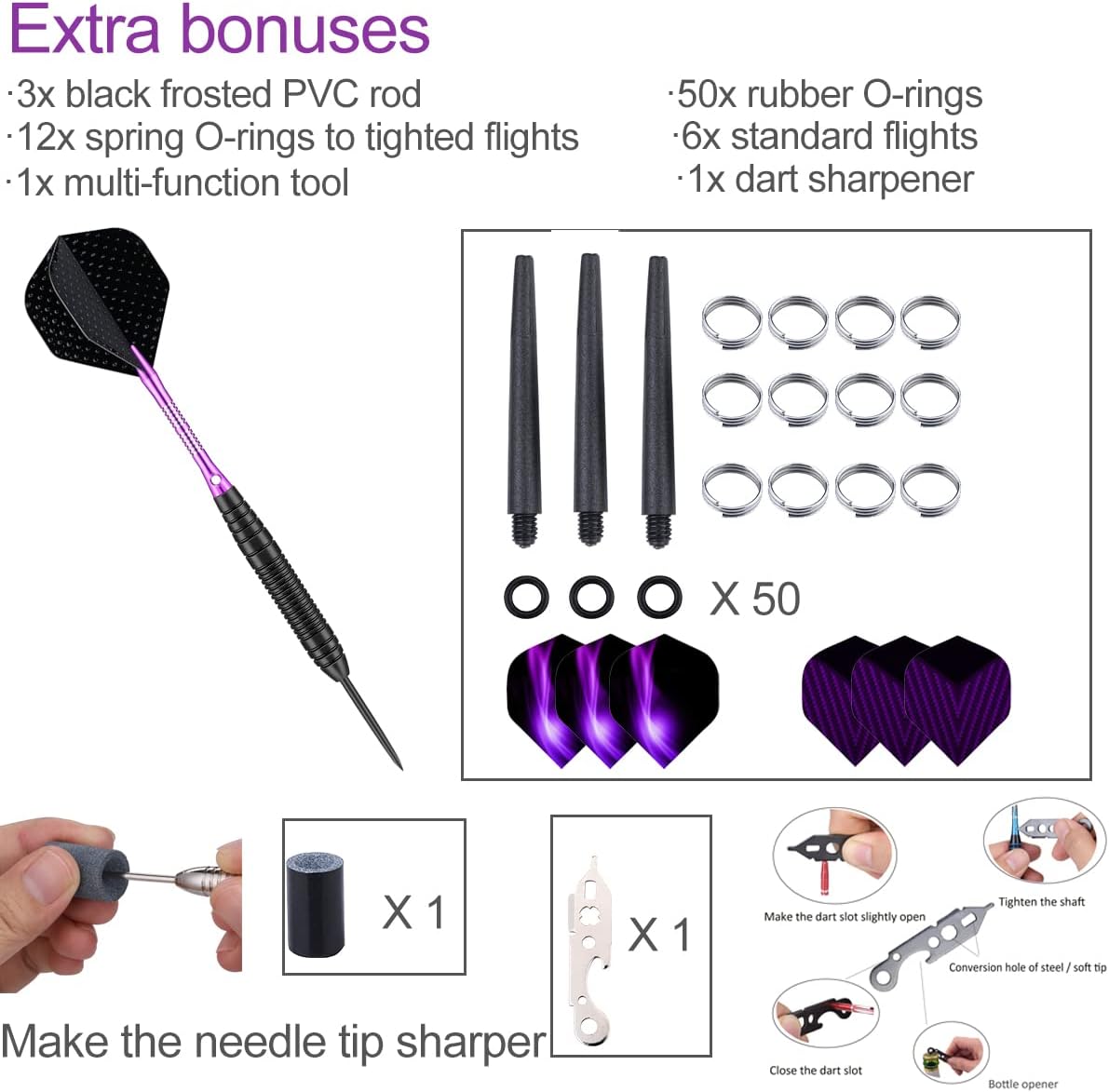 Darts Metal Tip Set - 3 Pack Professional 22 Grams Steel Tip Darts with Slim Case Black Purple Blue Aluminum Shafts 9
