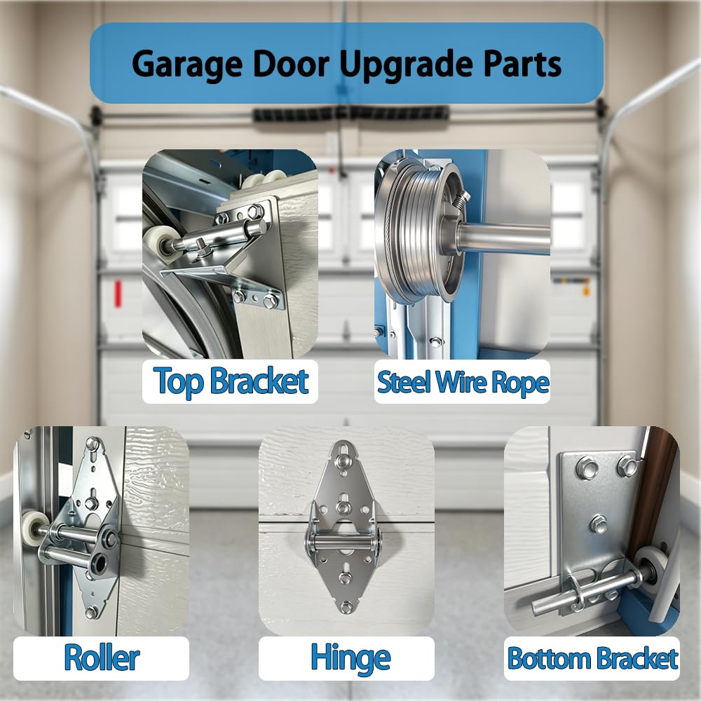 Garage Door Hardware kit, for 8' Height Garage Doors,Includes Rollers/Hinges/Bottom Bracket/Top Bracket/Wire Rope/Screw Pack