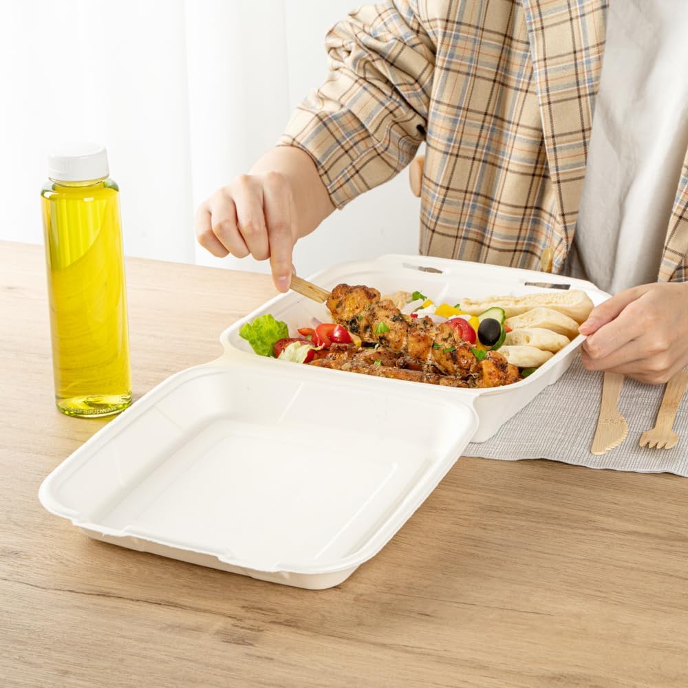 No PFAS Added 32 oz Bagasse Clamshell Containers, 100 Ct