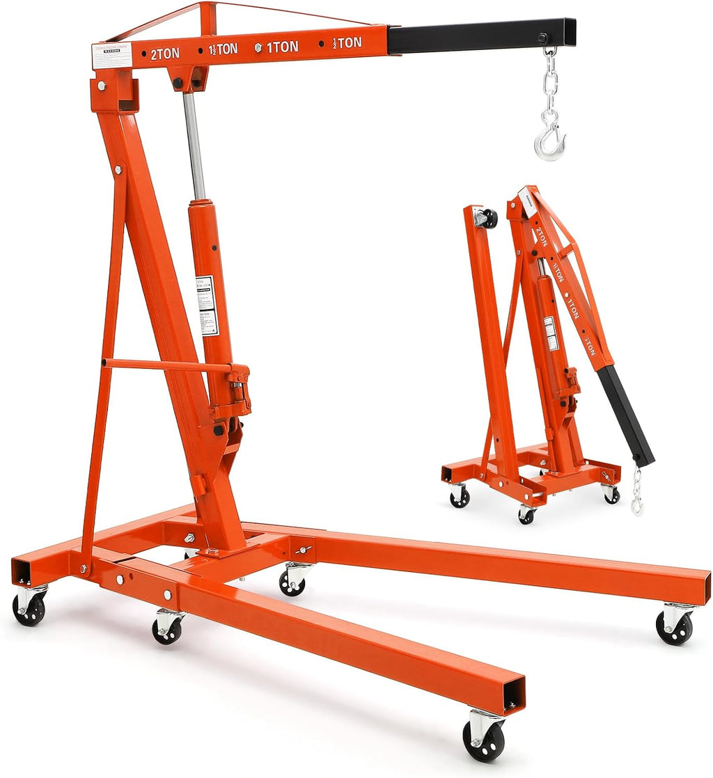 2-Ton Folding Engine Hoist Cherry Picker 4400 Lb Capacity Hydraulic Shop Crane with Telescoping Boom 6 Caster Wheels