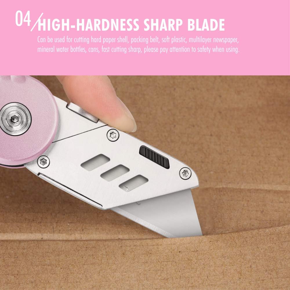 Folding Box Cutter, Utility Knife with Extra 5 Blades (Pink)