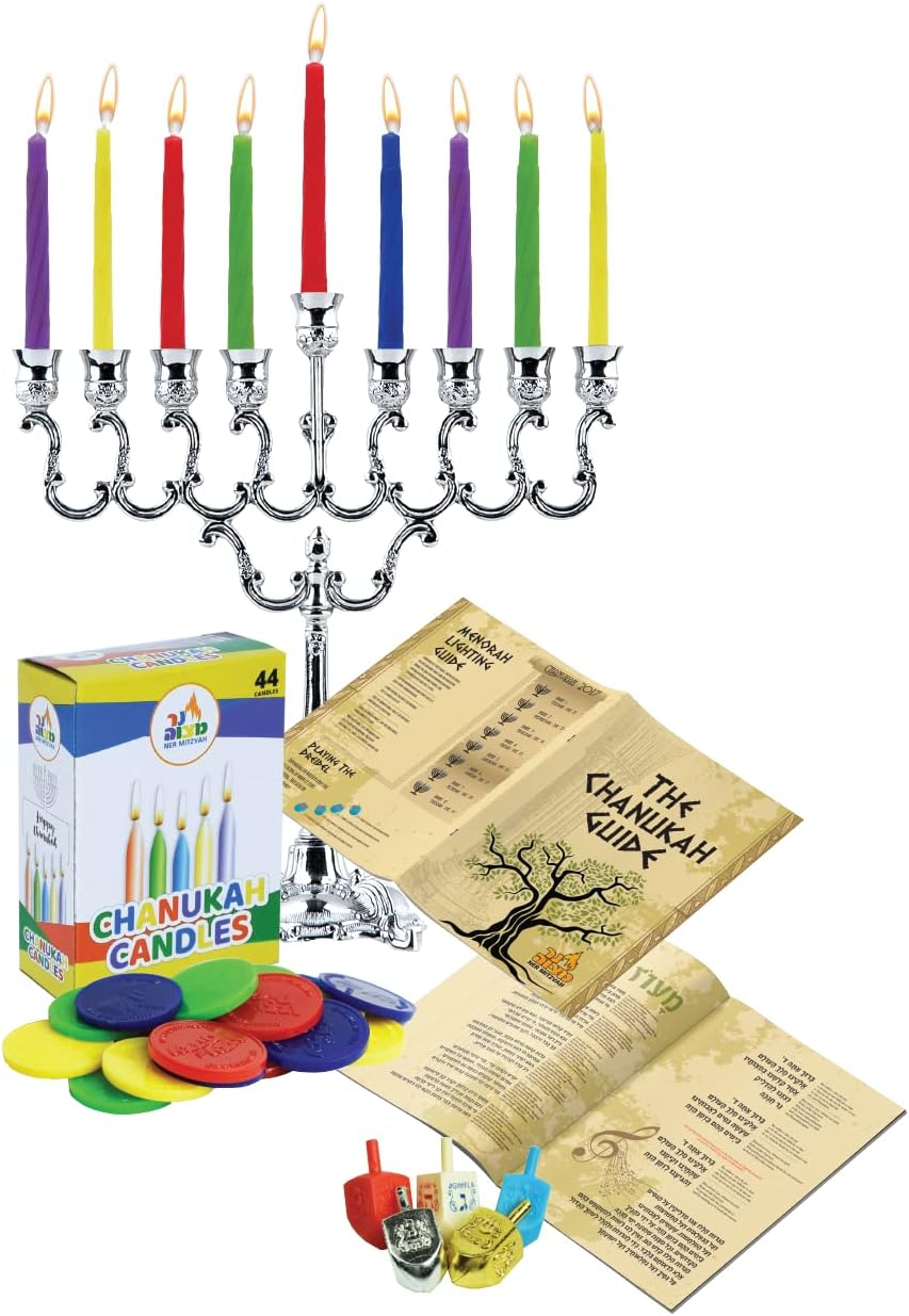 Hanukkah Menorah Candles Dreidels, Chanukah Guide Complete Set - Metal, Standard Version