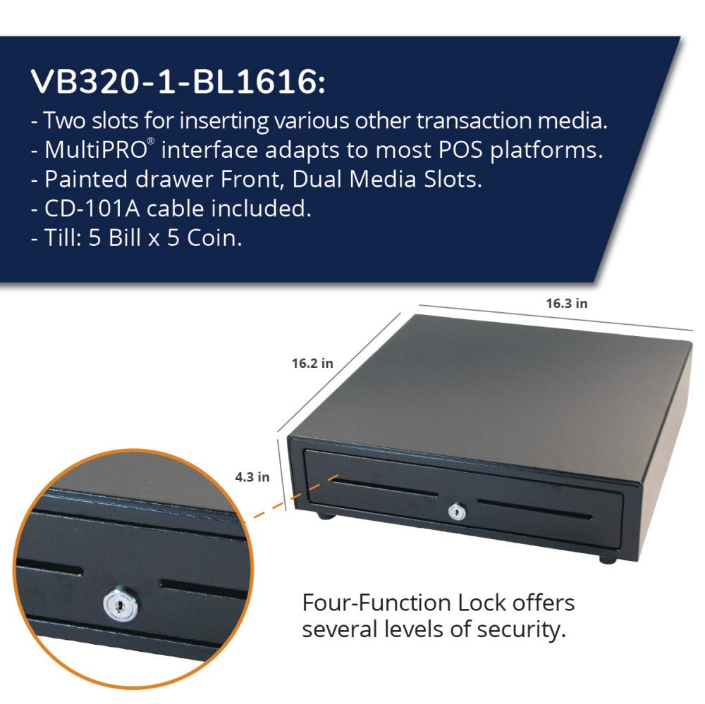 Standard- Duty 16” Electronic Point of Sale Cash Drawer | Vasario Series VB320-1-BL1616 | with CD-101A Cable |