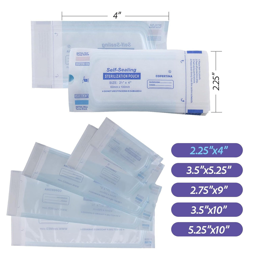 Omnia 200 Pcs Self Sealing Sterilization Pouches 2.25” x 4” | Dual Indicators Autoclave Sterilizer Bags for Dental