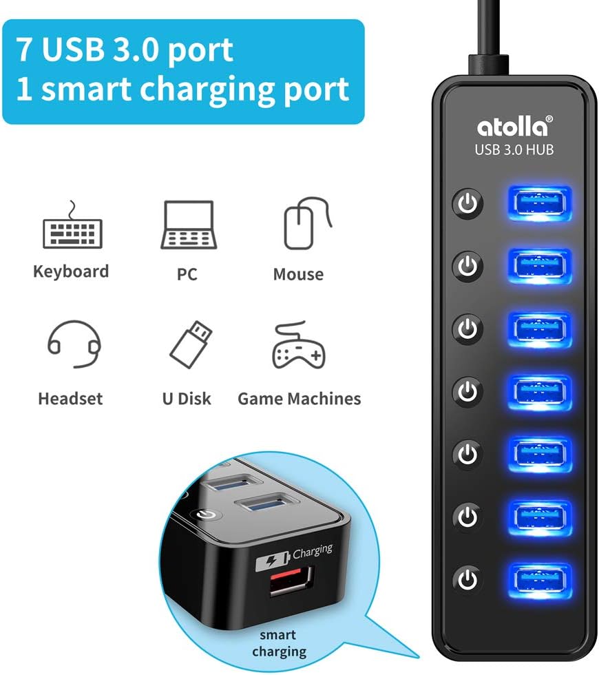 Powered USB Hub 3.0, Atolla 7-Port USB Data Hub Splitter with One Smart Charging Port and Individual On/Off Switches