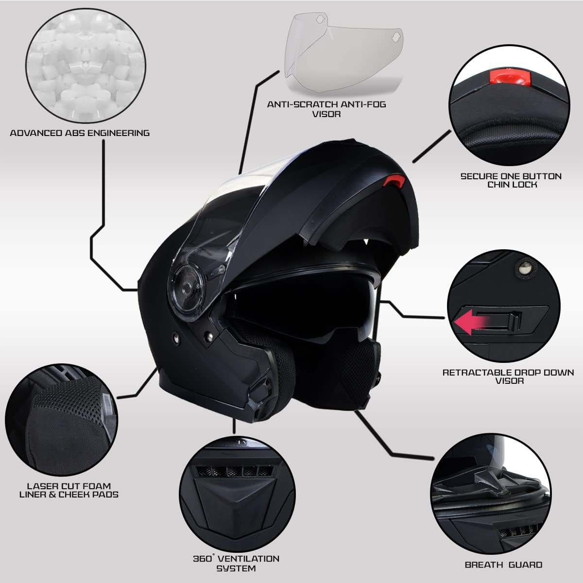 Advanced Full-Face Motorcycle Modular Helmets for Biker w/Drop Down Visor - X-Small