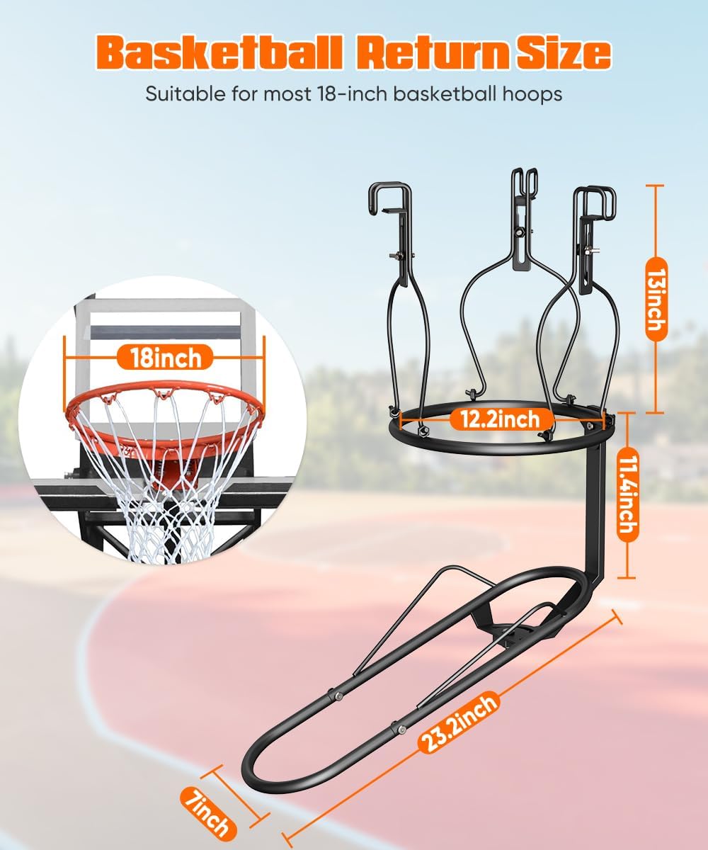Basketball Return Attachment, 180° Rotatable Basketball Rebounder with 3 Stable Large Hooks for 18" Rim, Basketball