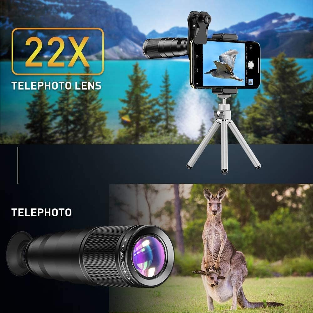6 in 1 Phone Lens Kit - 22x Telephoto Lens, 205° Fisheye Lens, 120° Wide Angle Lens & 25X Macro Lens(Screwed