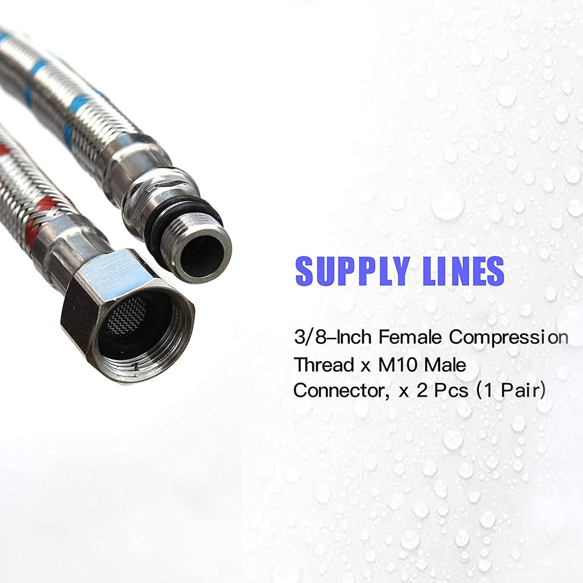 40-Inch Faucet Supply Lines 2Pcs, 3/8" Female x M10 Male | Stainless Steel, Long Faucet Connector, Kitchen Sink