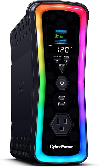 GX150C2-E Gaming UPS Battery Backup and Surge Protector | 1500VA/1000W, RGB Lighting, 13 Outlets, USB‑C Charging, UL