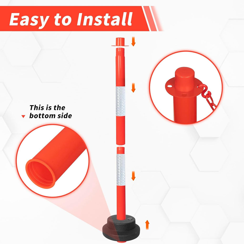 Traffic Delineator Posts with Weighted Base & Reflective Collar, 35'' Red Safety Stanchions Cones with 5FT Plastic S