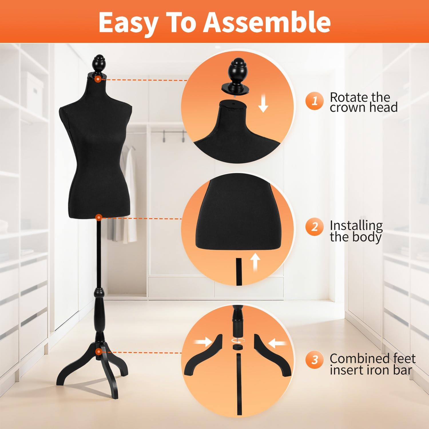 Female Mannequin Torso | Black | with 7" Height Adjustment | High-Density Foam with Wood Tripod Stand | Secure Fit
