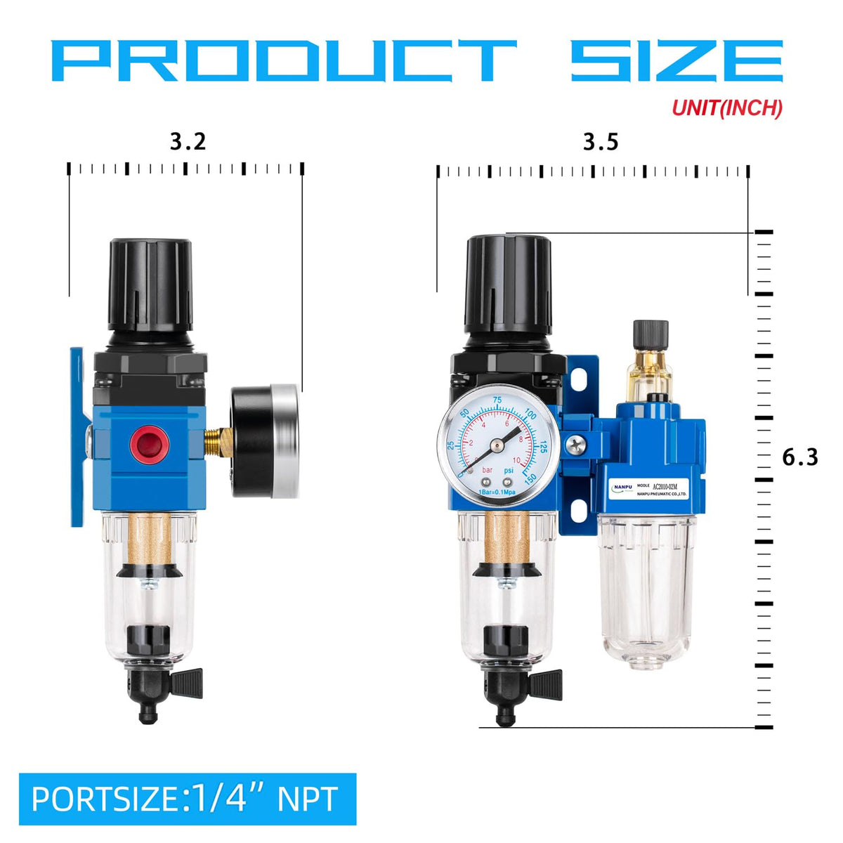 NANPU 1/4" NPT Air Filter Regulator Lubricator Combo, Manual Drain