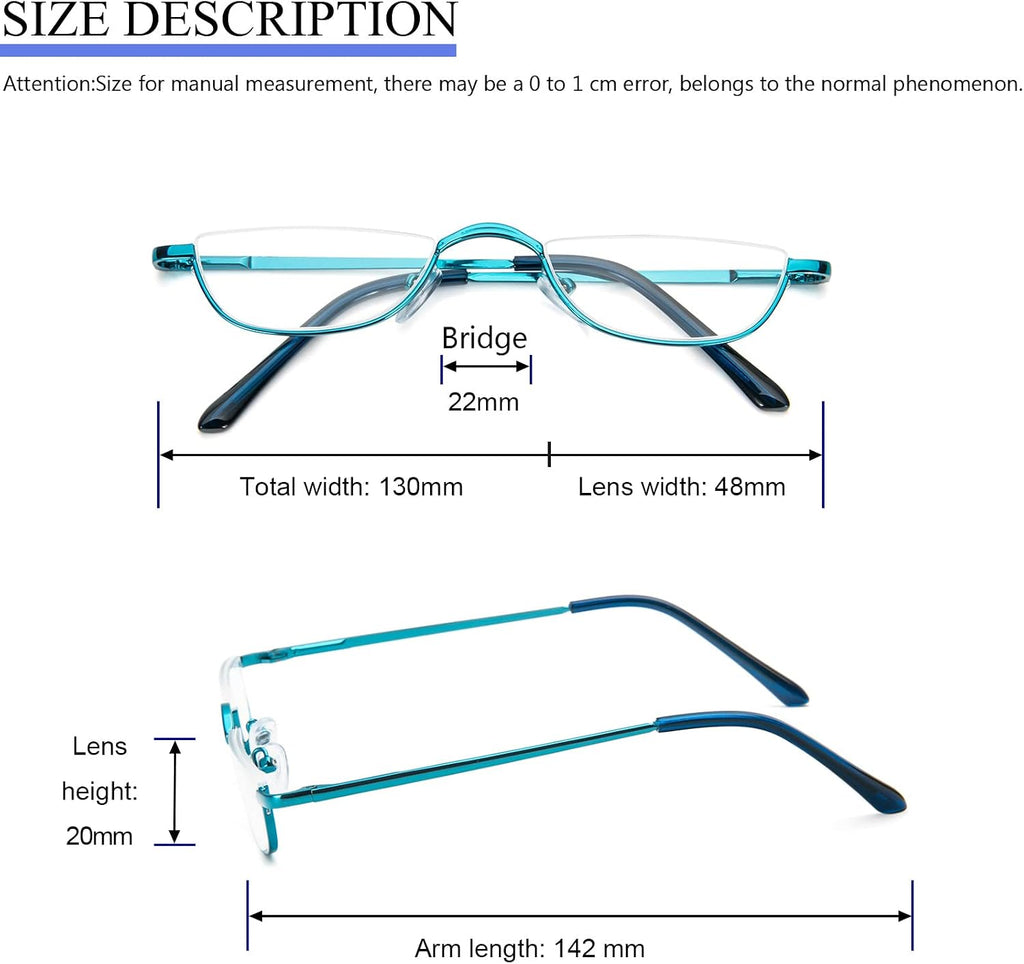 Half Moon Reading Glasses for Women Men Small Semi Frame Metal Spring Hinge Readers