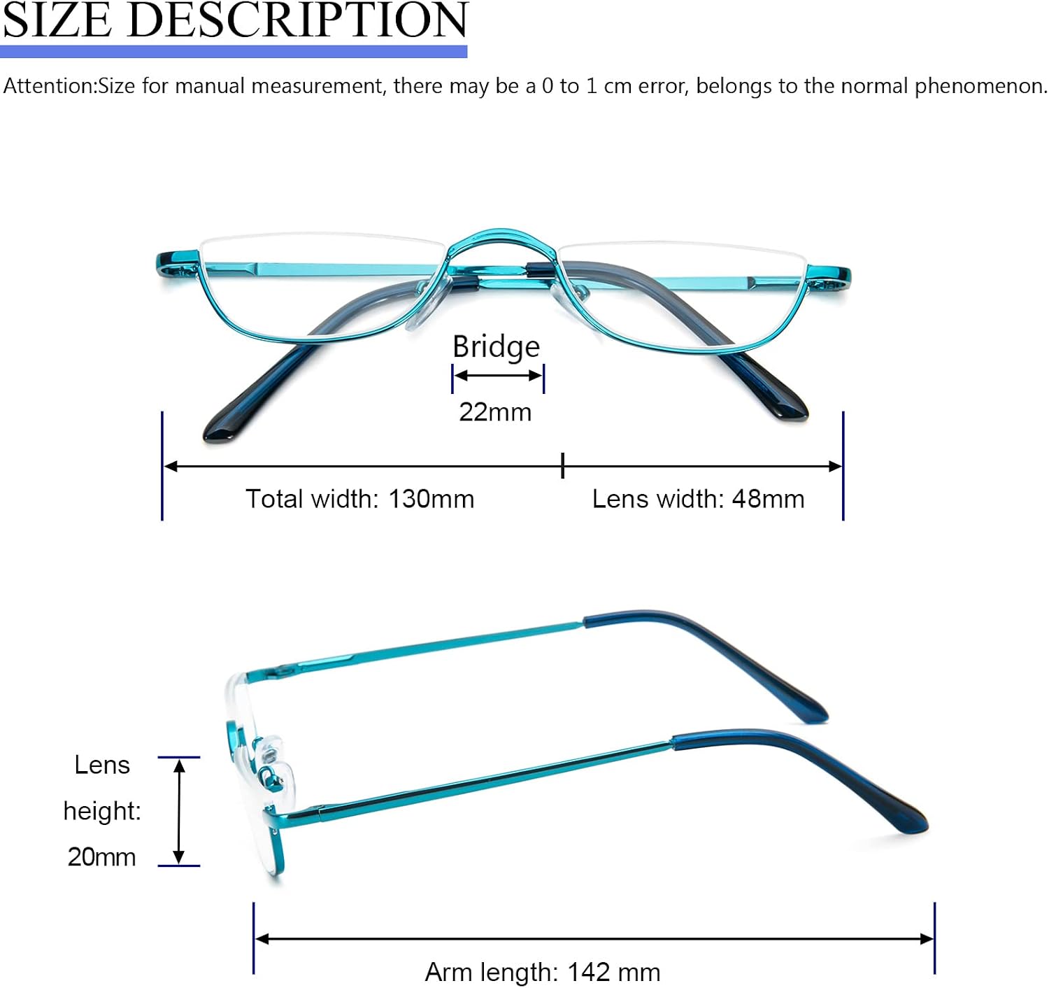 Half Moon Reading Glasses for Women Men Small Semi Frame Metal Spring Hinge Readers