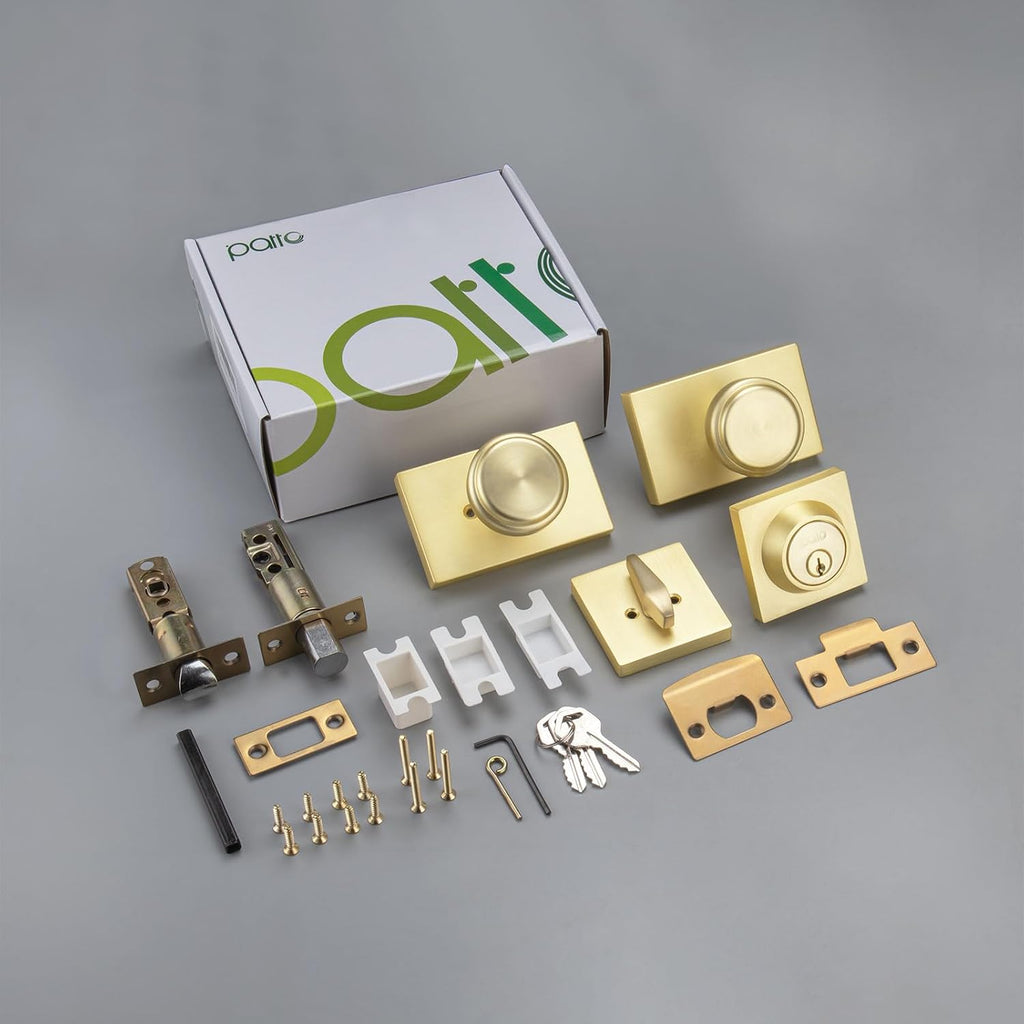 Brushed Gold Door Knobs with Deadbolt for Front Door & Living Room | Zinc Rosette, Easy Install, Outdoor & Indoor Use