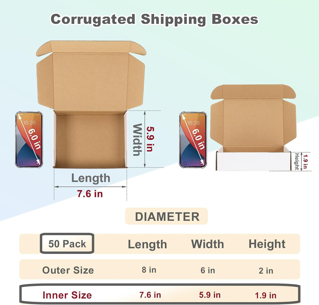 8x6x2 Inches Small Shipping Boxes Pack of 50, White Corrugated Cardboard Mailer Boxes for Packaging Small Business