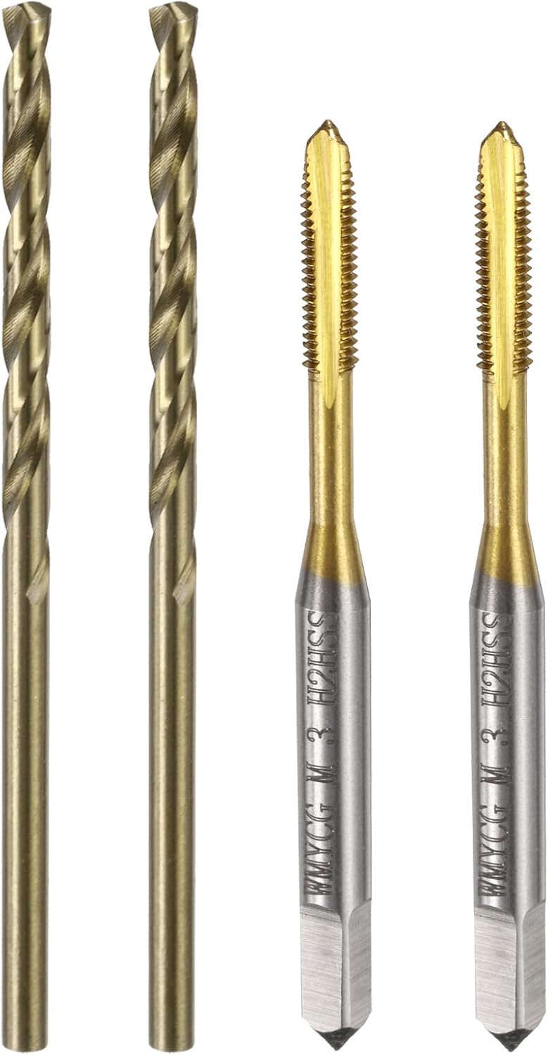 uxcell Metric Tap & Drill Bit Set, 2pcs M3 x 0.5 Spiral Point Thread Taps Titanium Coated and 2pcs 2.5mm Twist Drill Bits Roasted Yellow, Screw Tapping Threading Tools